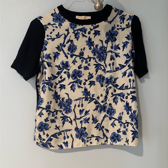 Tory Burch Blue Floral Top with Black Trim - Picture 1 of 5